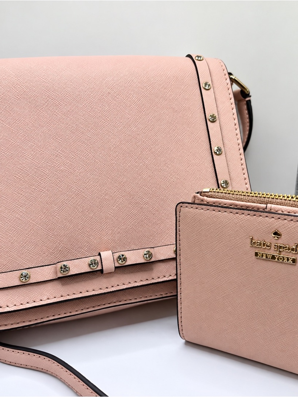 Kate Spade Blush Pink Saffiano Leather Shoulder Bag with Matching Card Wallet